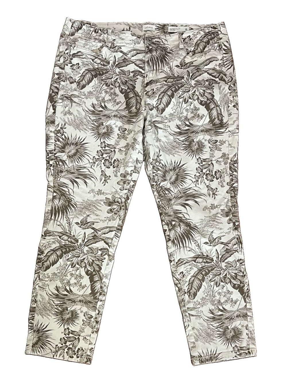 J. Jill Denim Authentic Fit Slim Ankle White/Brown Tropical Print Capri Pants 16